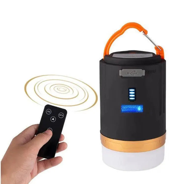 Black remote control emergency camping light with LED illumination and a separate wireless remote.