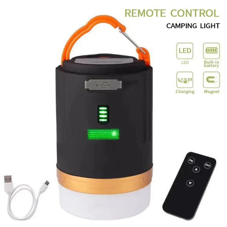 Black remote control emergency camping light with LED illumination and a separate wireless remote.