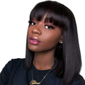 Unice Hair black real human hair wig, 10 inches short to medium length, shown on a headgear.