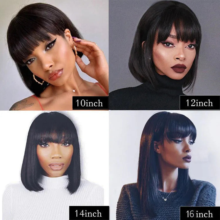 Unice Hair black real human hair wig, 10 inches short to medium length, shown on a headgear.