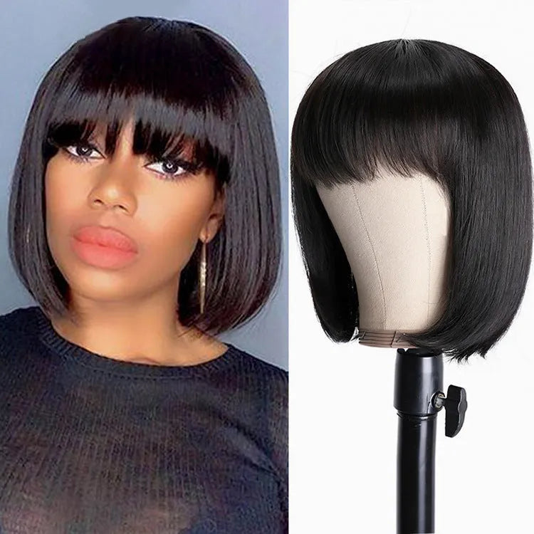 Unice Hair black real human hair wig, 10 inches short to medium length, shown on a headgear.