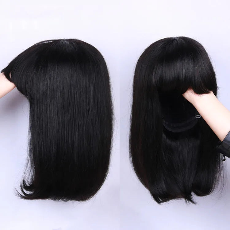 Unice Hair black real human hair wig, 10 inches short to medium length, shown on a headgear.
