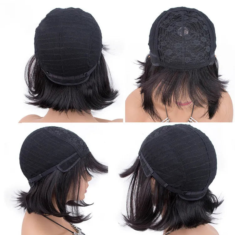 Unice Hair black real human hair wig, 10 inches short to medium length, shown on a headgear.