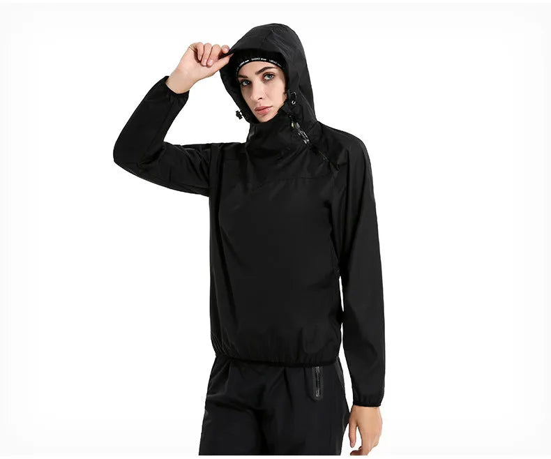 Women's polyester sports suit with gym sweatshirt and running tights, black and colour-blocked, sizes M-3XL