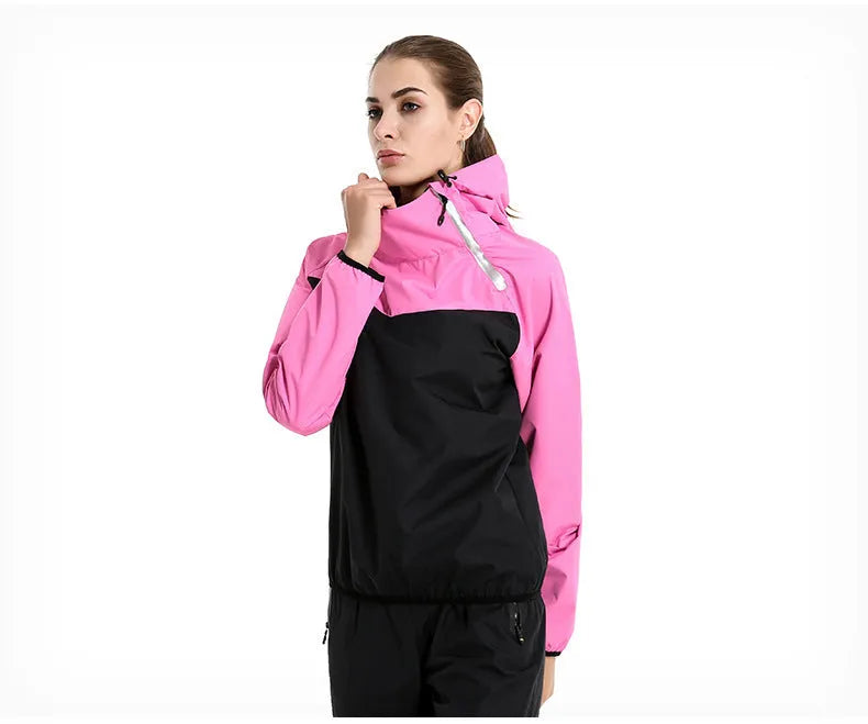 Women's polyester sports suit with gym sweatshirt and running tights, black and colour-blocked, sizes M-3XL