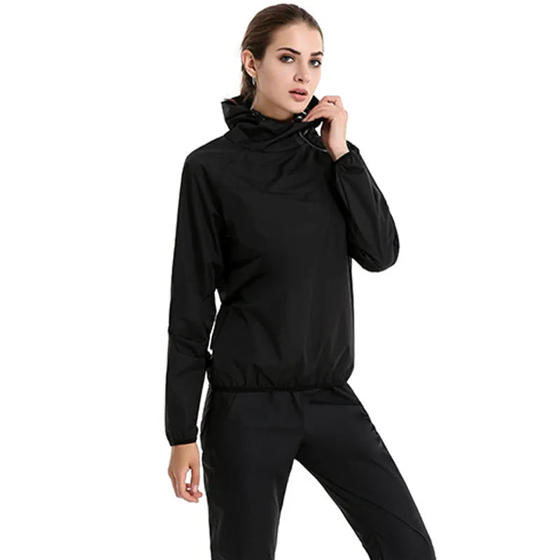 Women's polyester sports suit with gym sweatshirt and running tights, black and colour-blocked, sizes M-3XL