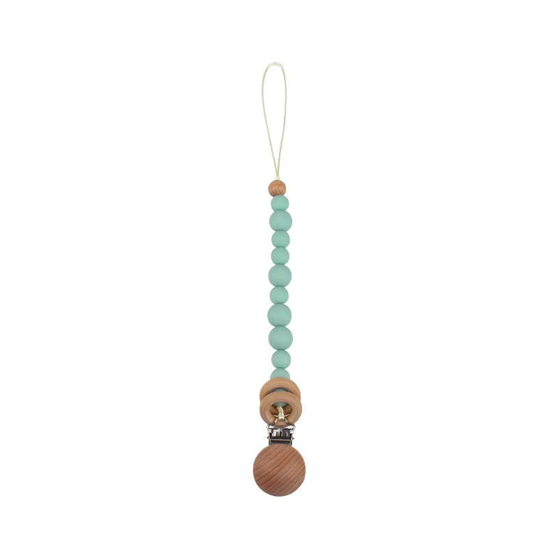 Beech wood clip pacifier chain 29cm length with silicone beads in assorted colours for baby.