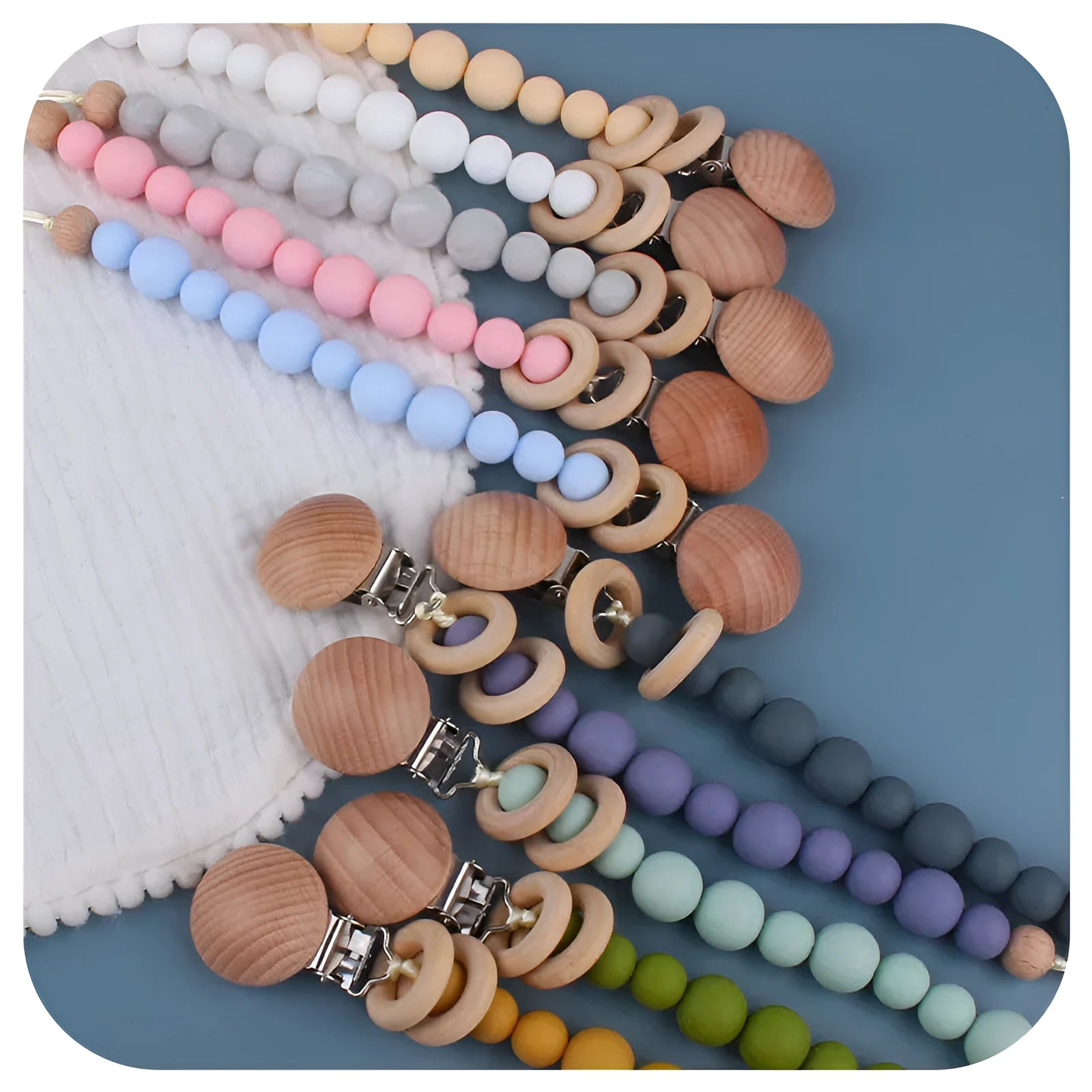 Beech wood clip pacifier chain 29cm length with silicone beads in assorted colours for baby.