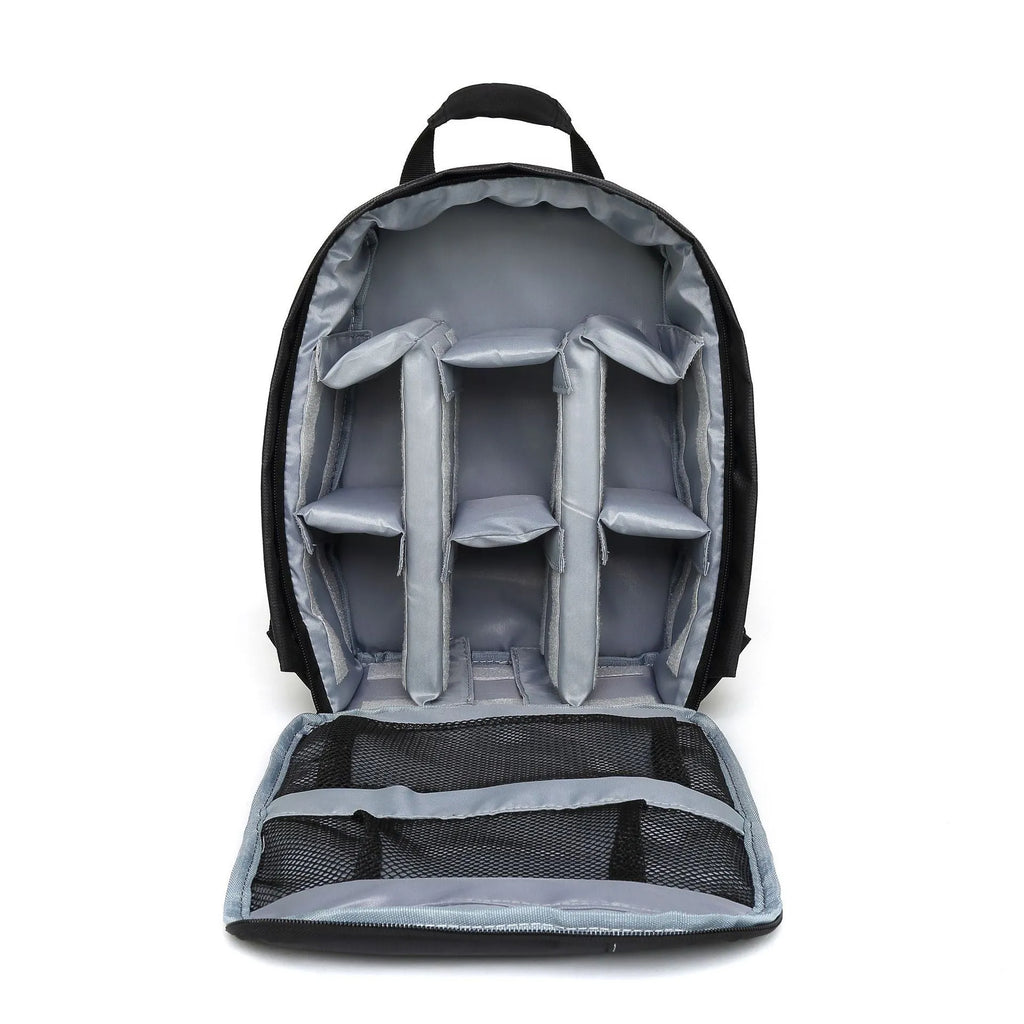 Anti-theft DSLR backpack camera bag in black and green, made from waterproof nylon Oxford cloth with breathable back panel and secure zipper.
