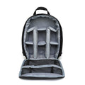 Anti-theft DSLR backpack camera bag in black and green, made from waterproof nylon Oxford cloth with breathable back panel and secure zipper.