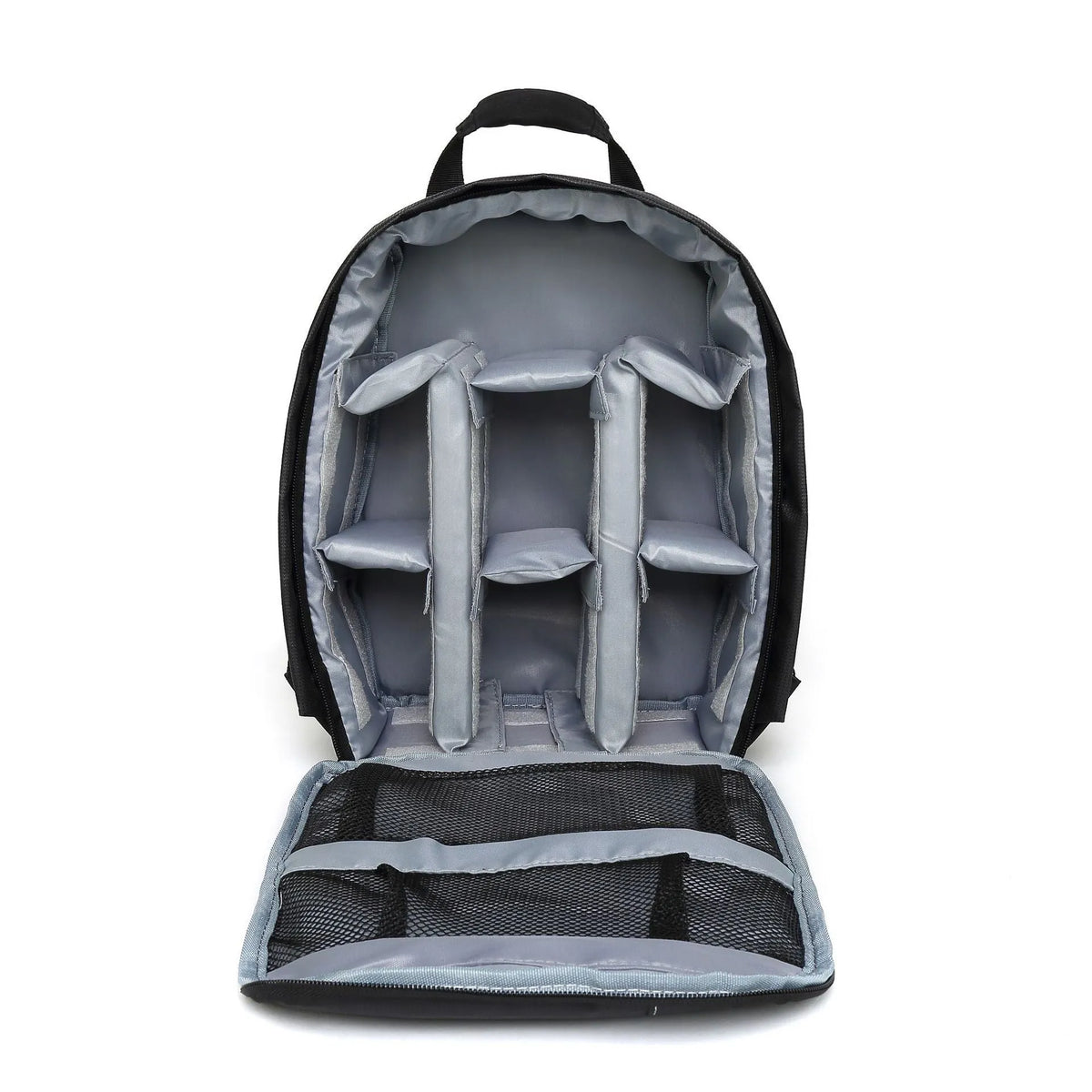 Anti-theft DSLR backpack camera bag in black and green, made from waterproof nylon Oxford cloth with breathable back panel and secure zipper.