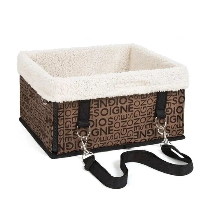 Foldable pet car seat bag in beige with lambswool lining and Oxford cloth exterior on car seat