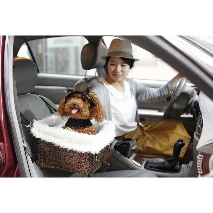 Foldable pet car seat bag in beige with lambswool lining and Oxford cloth exterior on car seat