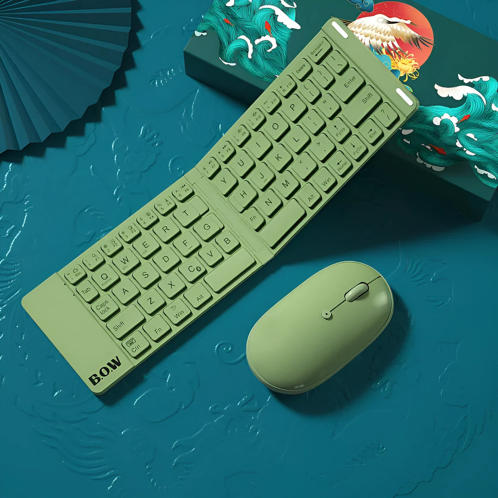 Folding Bluetooth keyboard and mouse set in elegant white with touchpad and wireless connectivity