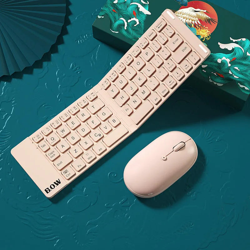 Folding Bluetooth keyboard and mouse set in elegant white with touchpad and wireless connectivity