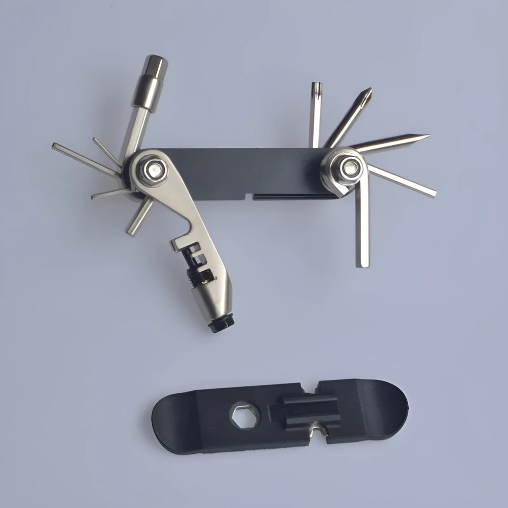 Chrome vanadium steel bicycle repair combination tool in four colour options showing compact 9.2cm design