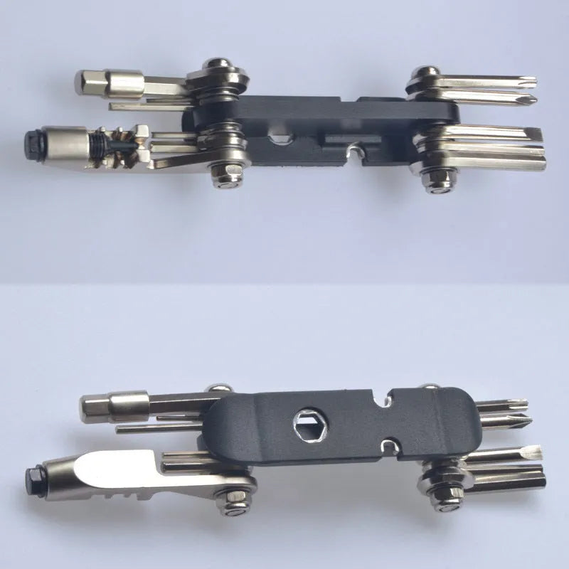 Chrome vanadium steel bicycle repair combination tool in four colour options showing compact 9.2cm design