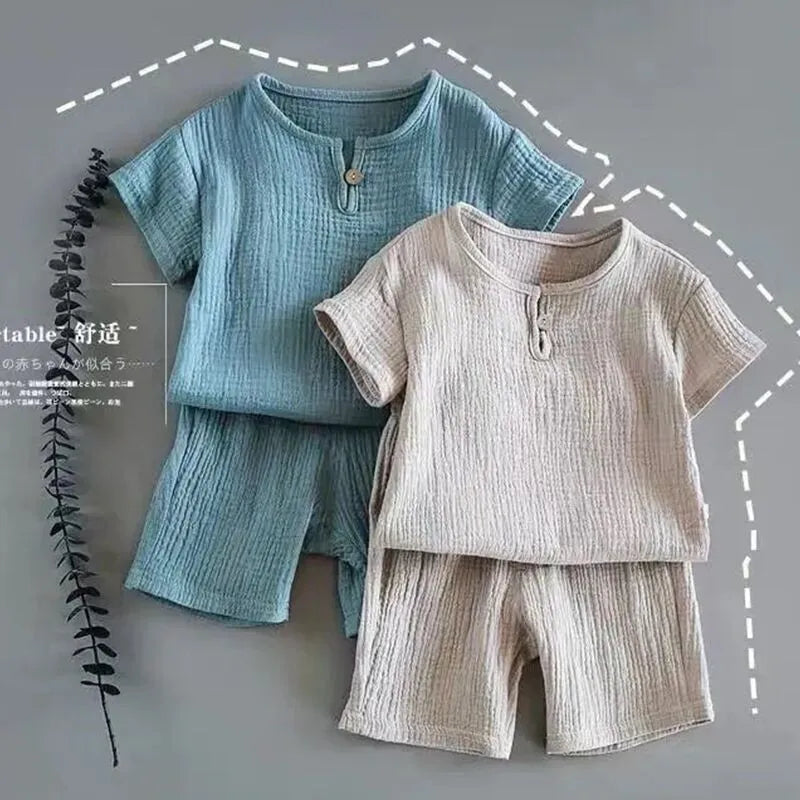 Baby boys girls summer two-piece cotton suit with short sleeves and folded detail in lake blue, dark green, brown, white, light grey