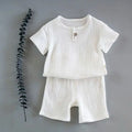 Baby boys girls summer two-piece cotton suit with short sleeves and folded detail in lake blue, dark green, brown, white, light grey