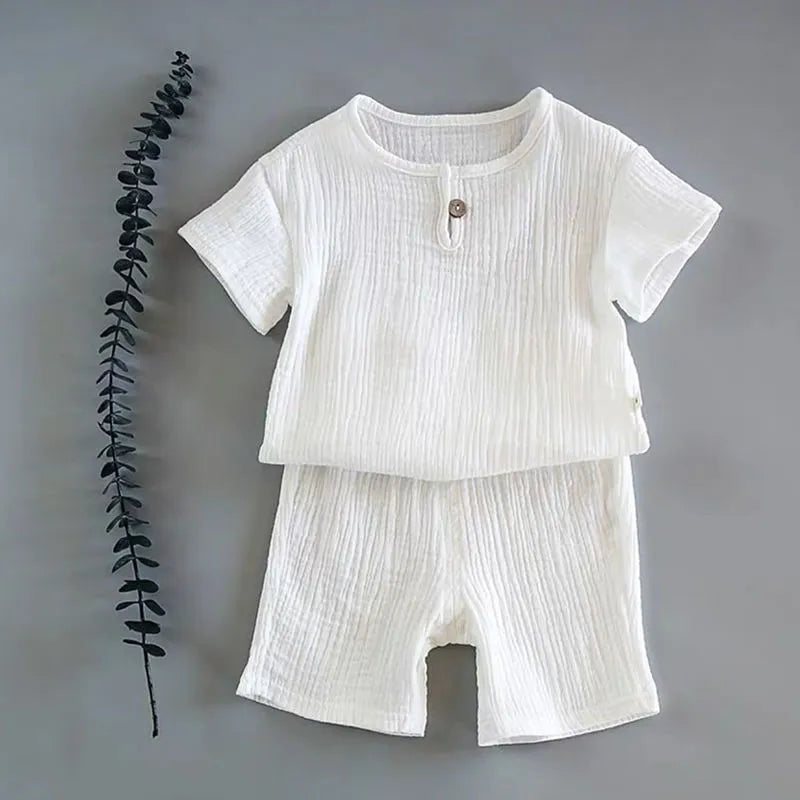 Baby boys girls summer two-piece cotton suit with short sleeves and folded detail in lake blue, dark green, brown, white, light grey