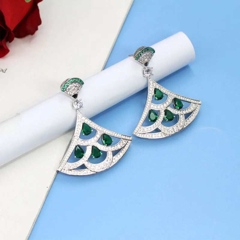 Fan-shaped earrings with green zircon inlay gold-plated Yajin metal silver colour