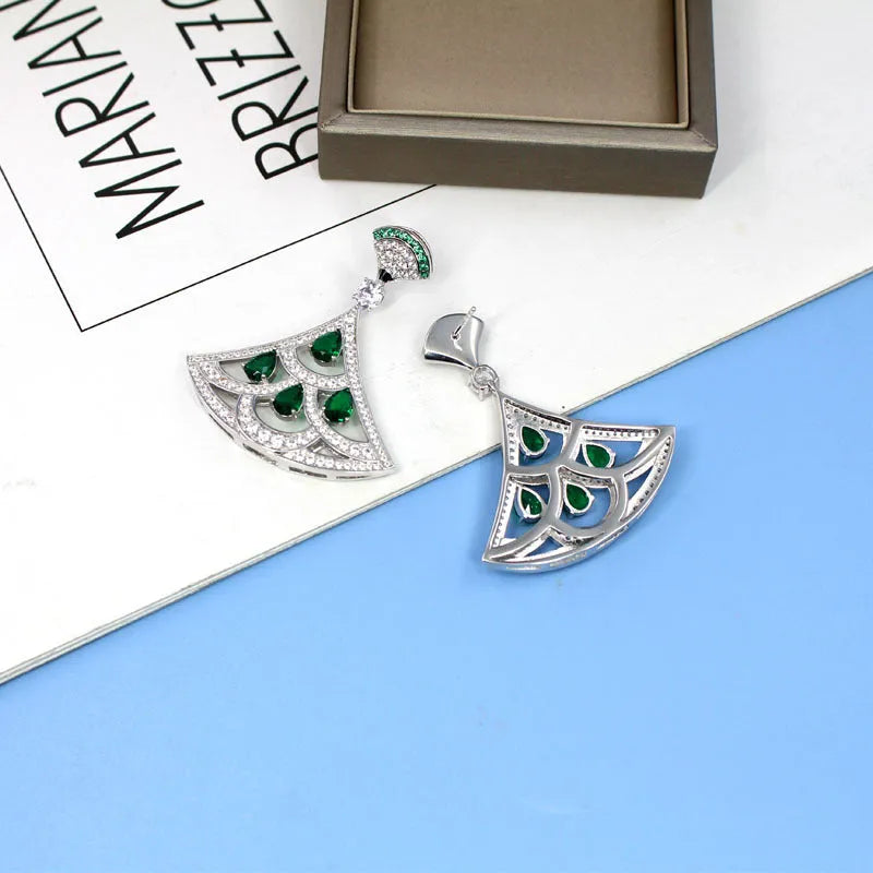 Fan-shaped earrings with green zircon inlay gold-plated Yajin metal silver colour
