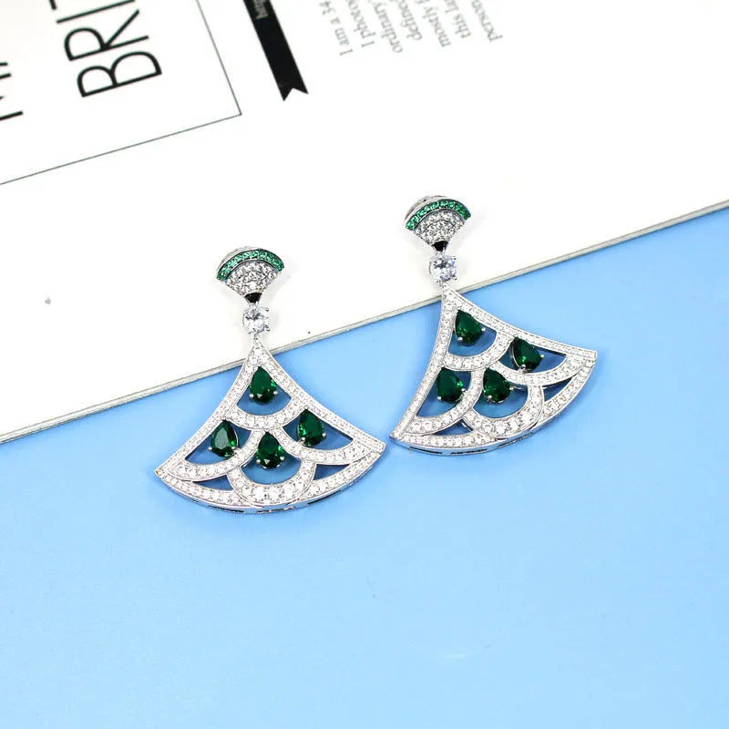 Fan-shaped earrings with green zircon inlay gold-plated Yajin metal silver colour