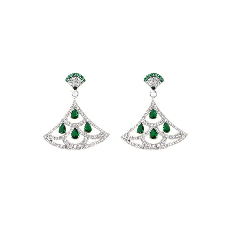 Fan-shaped earrings with green zircon inlay gold-plated Yajin metal silver colour