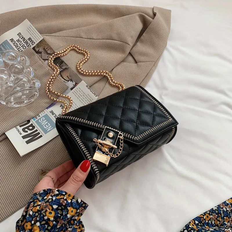 Lingge small square PU bag with rhombus pattern flap and chain strap, black and white