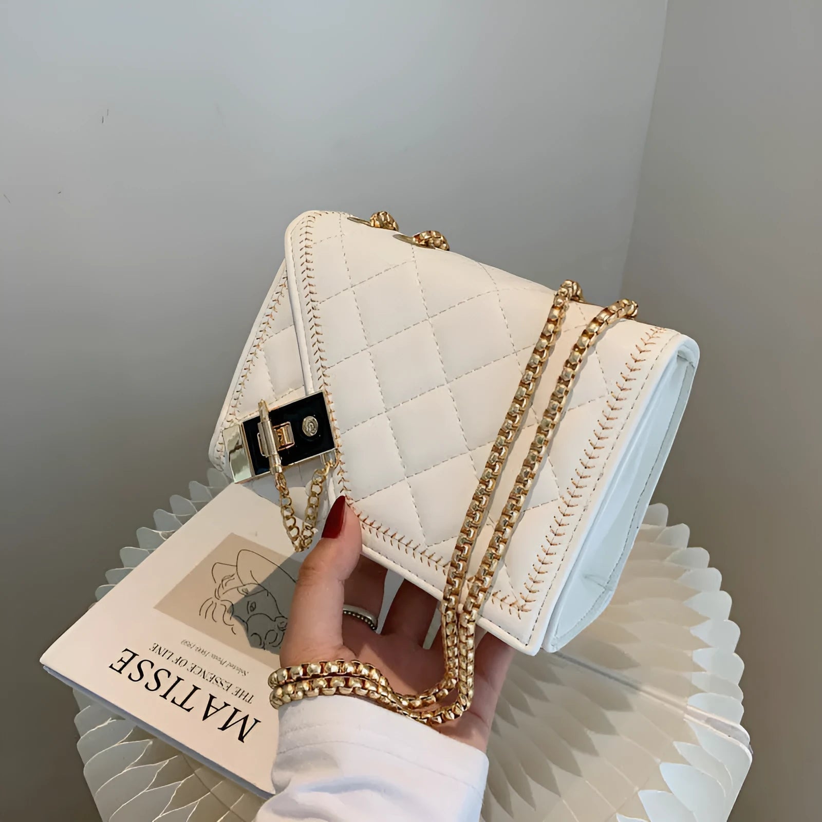Lingge small square PU bag with rhombus pattern flap and chain strap, black and white
