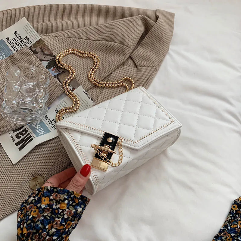 Lingge small square PU bag with rhombus pattern flap and chain strap, black and white