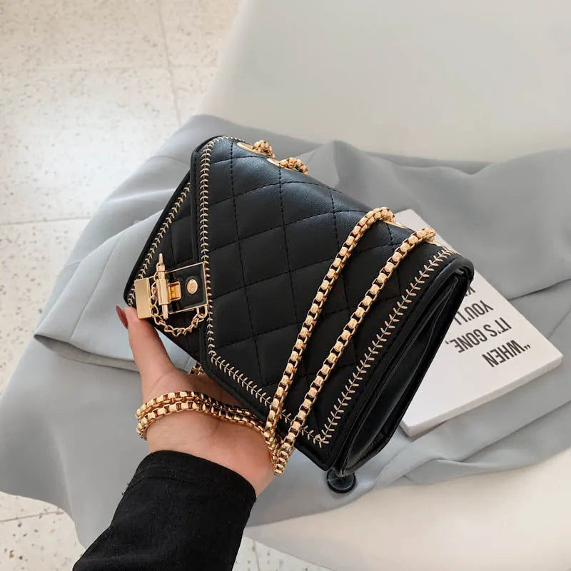 Lingge small square PU bag with rhombus pattern flap and chain strap, black and white