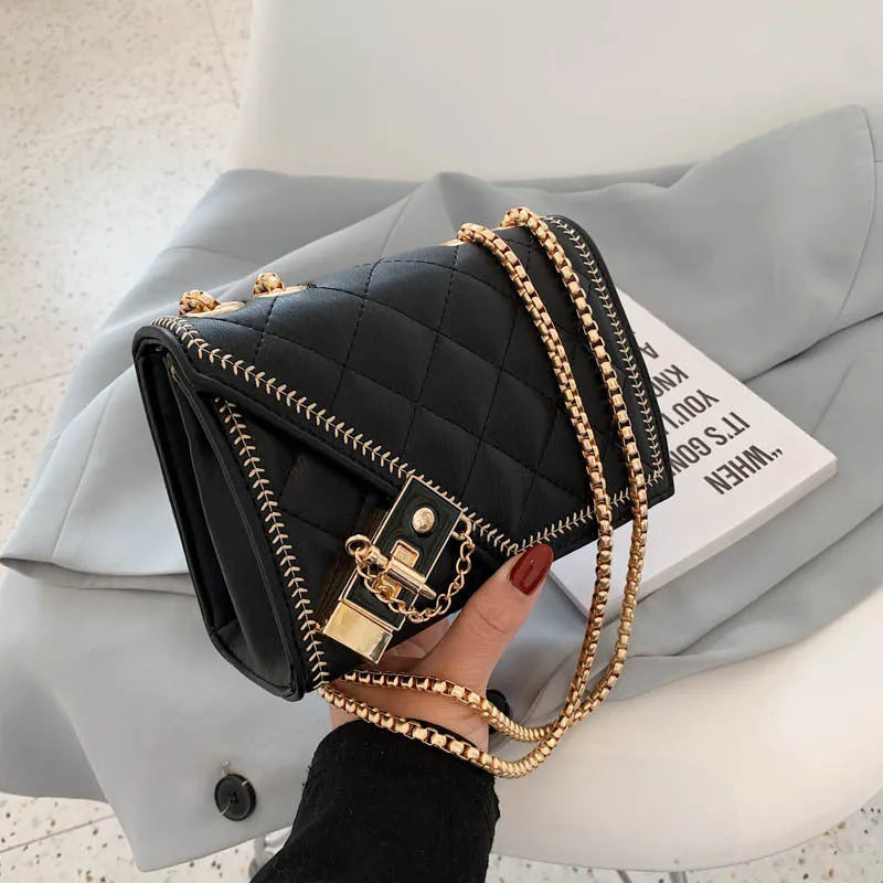 Lingge small square PU bag with rhombus pattern flap and chain strap, black and white
