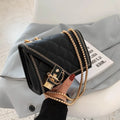 Lingge small square PU bag with rhombus pattern flap and chain strap, black and white