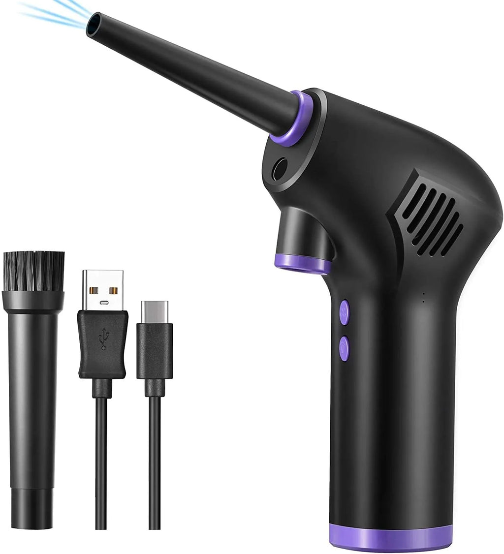 Black cordless air duster with withdrawable nozzle, warm light, for cleaning computer keyboard and camera