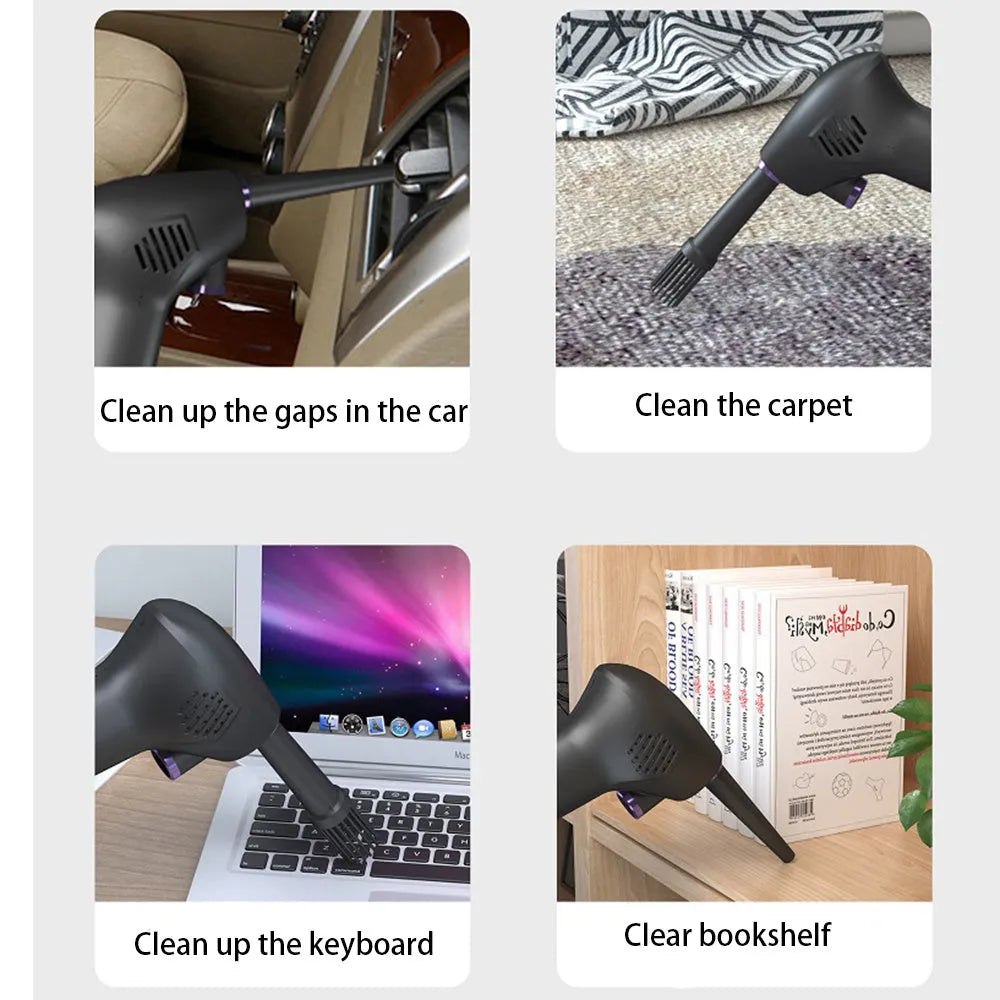 Black cordless air duster with withdrawable nozzle, warm light, for cleaning computer keyboard and camera