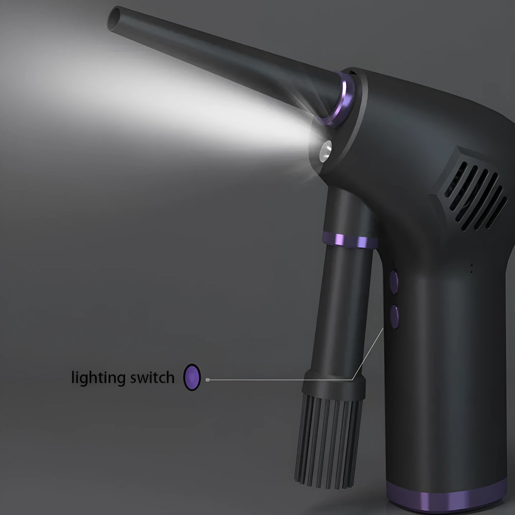 Black cordless air duster with withdrawable nozzle, warm light, for cleaning computer keyboard and camera