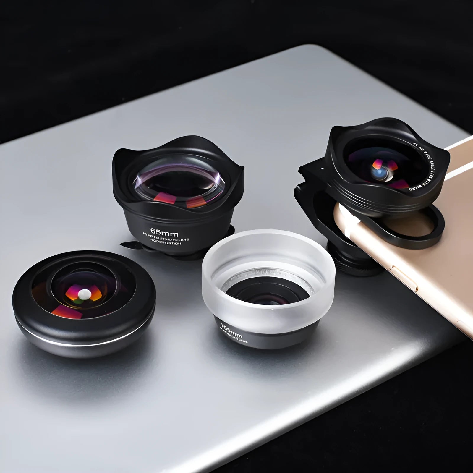 Factory direct mobile phone external lens set showing wide-angle, macro, fisheye, and portrait attachments