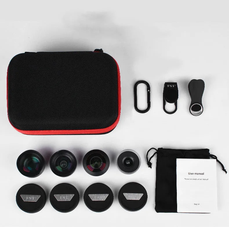 Factory direct mobile phone external lens set showing wide-angle, macro, fisheye, and portrait attachments