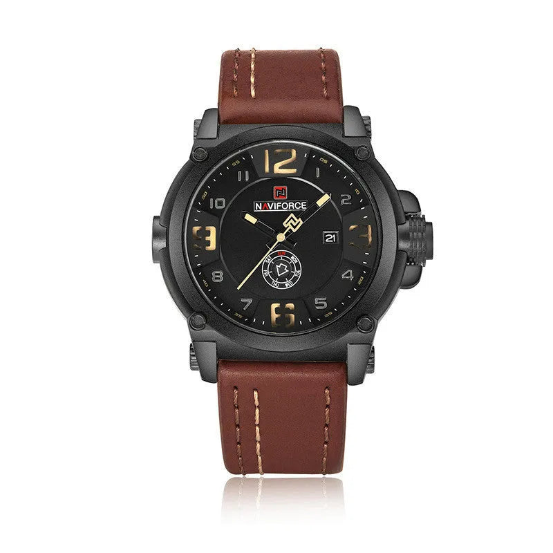 Men's casual quartz watch with 45mm dial calendar and mineral glass on wrist