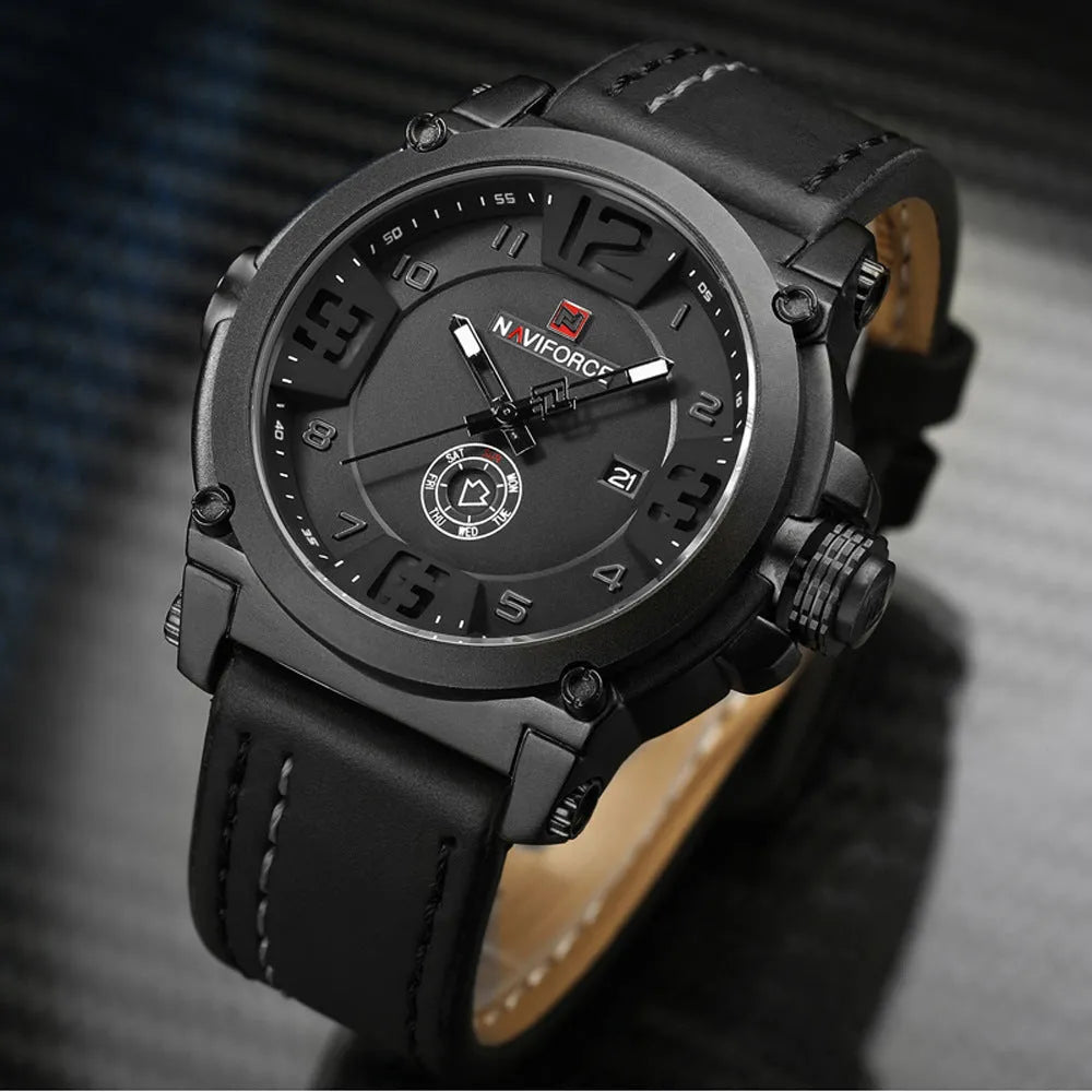 Men's casual quartz watch with 45mm dial calendar and mineral glass on wrist