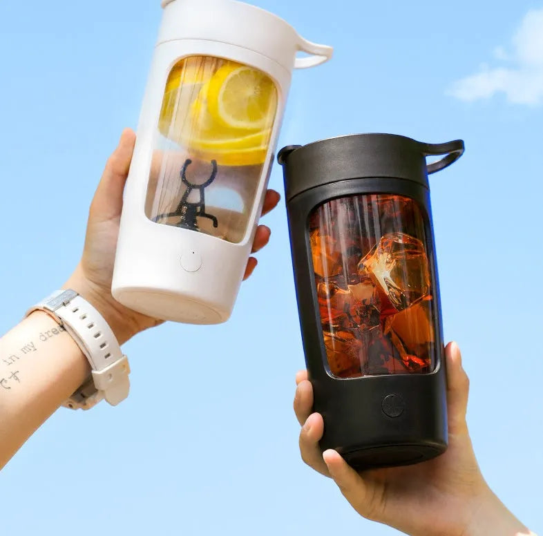Portable rechargeable juice blender with 650ml capacity cup in black, blue, pink, or white colours