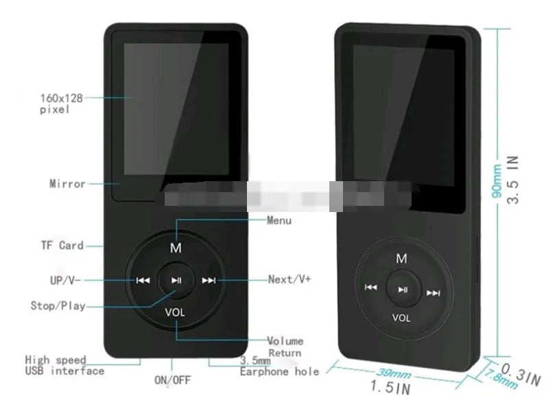 A slim, colourful 1.8-inch screen MP4 player showing a music interface, highlighting its long battery life and FM radio.