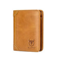 Men's brown casual leather wallet open to show card slots, bill holder, and secret compartment.
