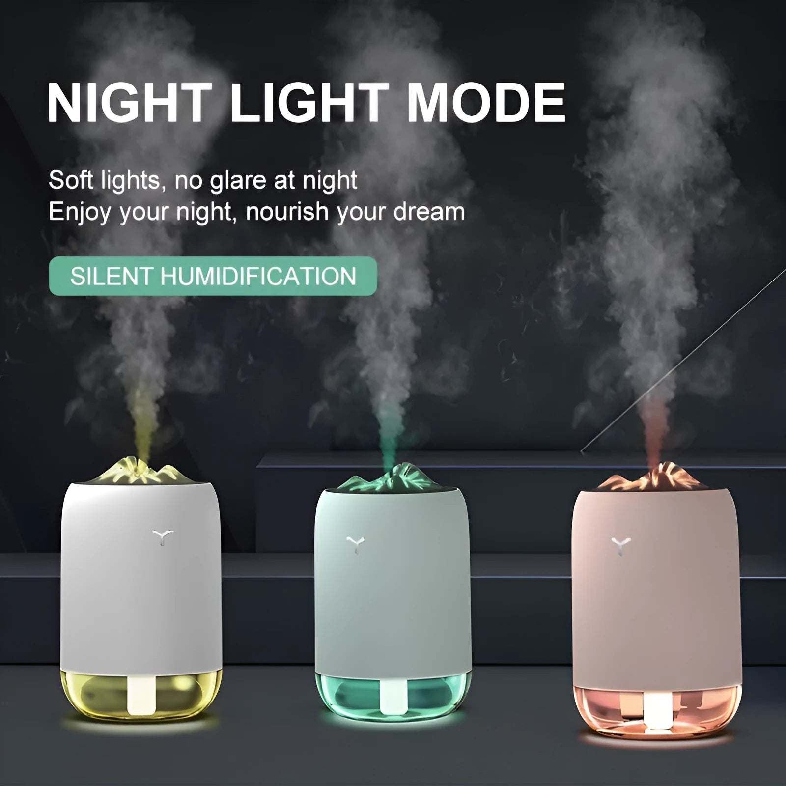 Mini cylindrical USB humidifier with 260ml water tank in green, pink or white colour options