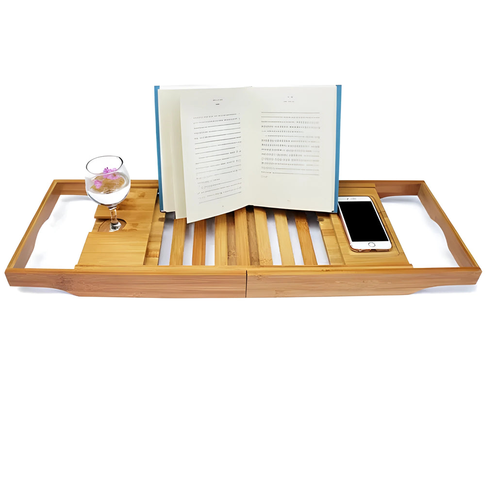 Bamboo bathtub storage frame for bathroom countertop organisation