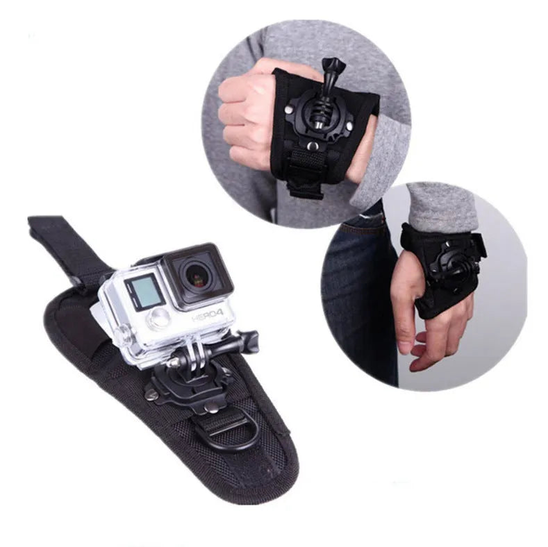 Black GoPro wrist strap with 360-degree rotating camera mount and back cushion