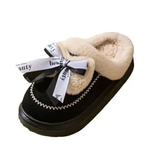 Women's ribbon bow half slippers in khaki with thick EVA sole and artificial wool lining