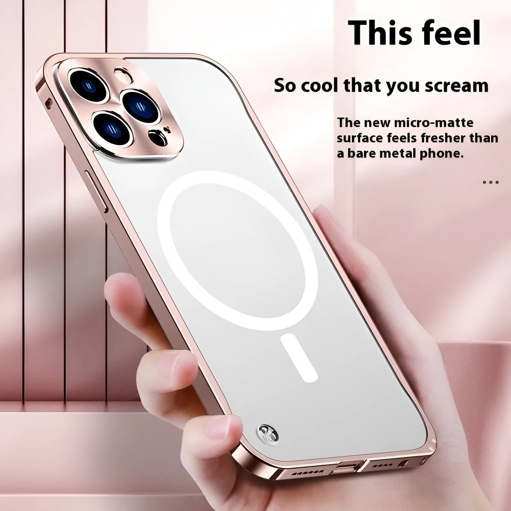 Metal frame mobile phone case with seahorse buckle in matte finish for iPhone 15 Pro Max