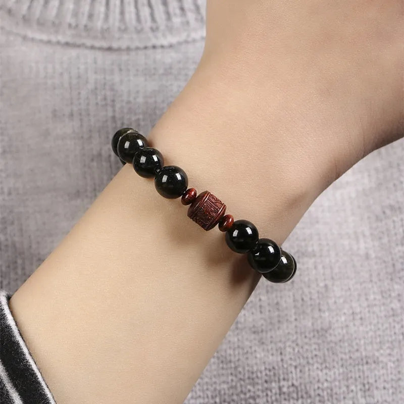 Hand-woven golden obsidian vintage bracelet with 10mm round beads